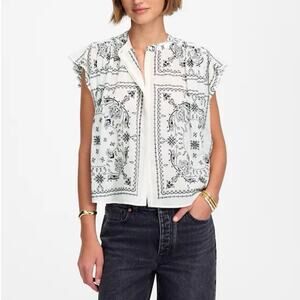 NWT Madewell Embroidered Poplin Shirred Button-Up Shirt White Dark Navy Medium